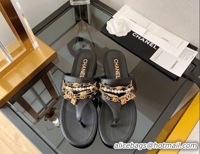 Original Cheap Chanel Lambskin Flat Thong Sandals with Chain Tassel Black 051936