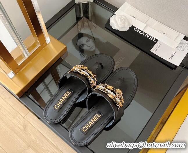 Original Cheap Chanel Lambskin Flat Thong Sandals with Chain Tassel Black 051936