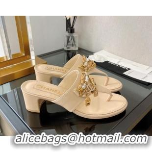 Luxury Chanel Lambskin Heel Thong Sandals 5cm with Chain Tassel Nude 051937