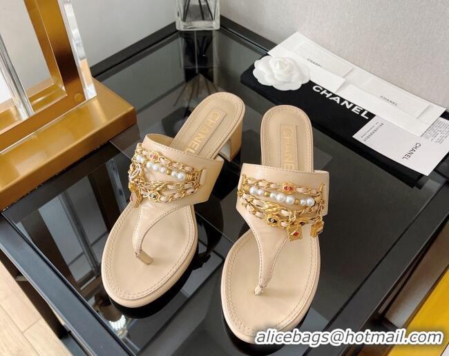 Luxury Chanel Lambskin Heel Thong Sandals 5cm with Chain Tassel Nude 051937