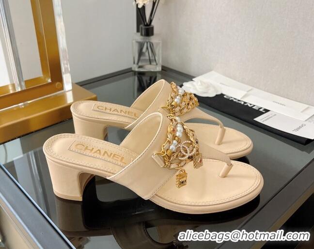 Luxury Chanel Lambskin Heel Thong Sandals 5cm with Chain Tassel Nude 051937