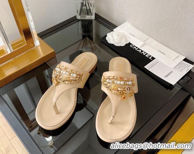 Grade Chanel Lambskin Flat Thong Sandals with Chain Tassel Nude 051938