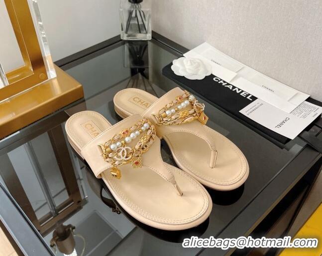 Grade Chanel Lambskin Flat Thong Sandals with Chain Tassel Nude 051938