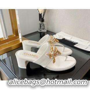 Stylish Chanel Lambskin Heel Thong Sandals 5cm with Chain Tassel White 051939