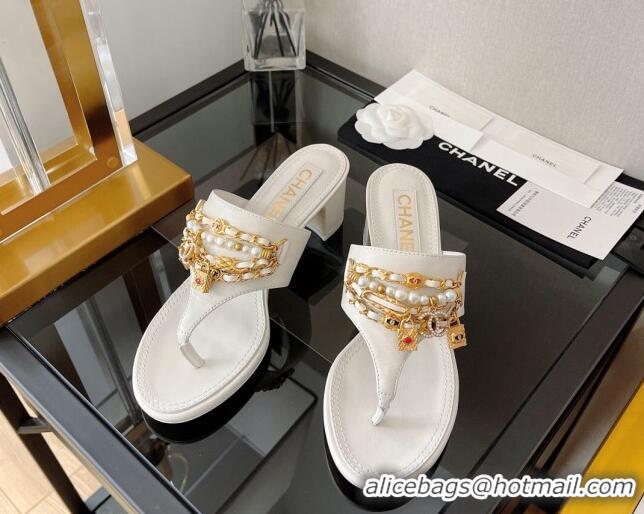 Stylish Chanel Lambskin Heel Thong Sandals 5cm with Chain Tassel White 051939