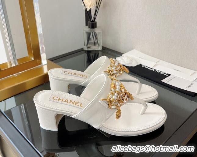 Stylish Chanel Lambskin Heel Thong Sandals 5cm with Chain Tassel White 051939