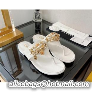 Grade Quality Chanel Lambskin Flat Thong Sandals with Chain Tassel White 051940