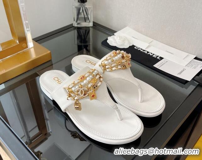 Grade Quality Chanel Lambskin Flat Thong Sandals with Chain Tassel White 051940