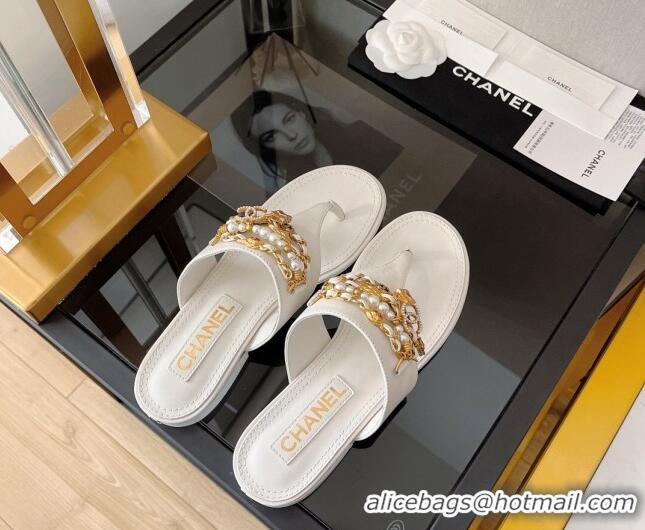 Grade Quality Chanel Lambskin Flat Thong Sandals with Chain Tassel White 051940