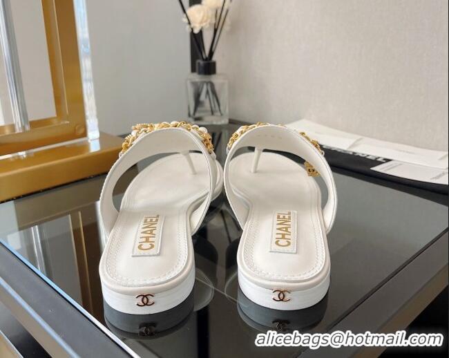 Grade Quality Chanel Lambskin Flat Thong Sandals with Chain Tassel White 051940