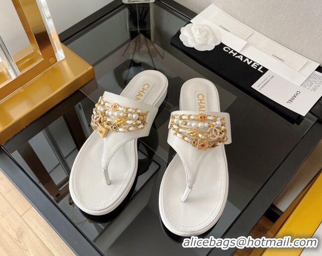 Grade Quality Chanel Lambskin Flat Thong Sandals with Chain Tassel White 051940