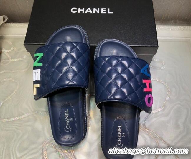 Grade Quality Chanel Leather Foldover Slide Sandals 4.5cm 051941 Blue