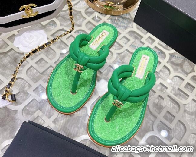 Duplicate Chanel Leather Thong Flat Sandals 051946 Green