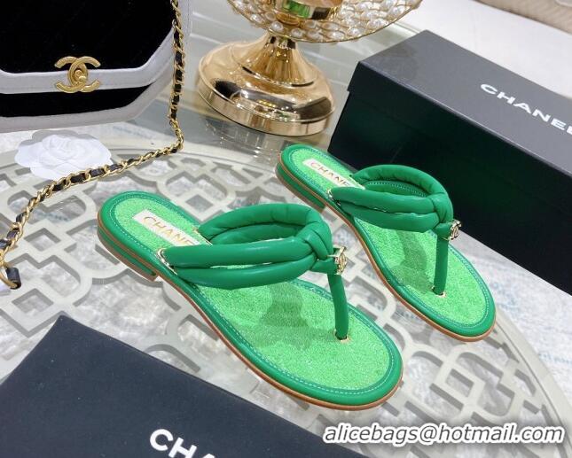 Duplicate Chanel Leather Thong Flat Sandals 051946 Green