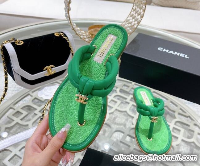 Duplicate Chanel Leather Thong Flat Sandals 051946 Green