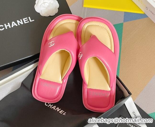 Top Design Chanel Lambskin Flat Thong Sandals Dark Pink 052024