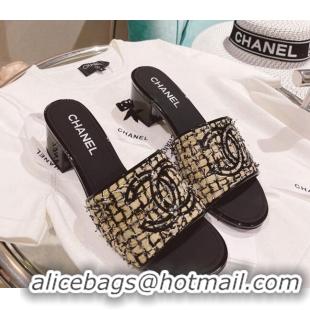 Purchase Chanel Tweed Medium Heel Slide Sandals 4.5cm Gold/Black 51951