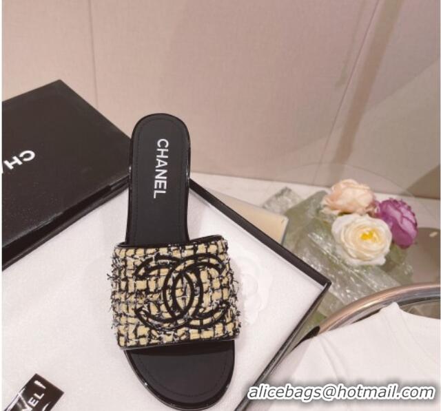 Purchase Chanel Tweed Medium Heel Slide Sandals 4.5cm Gold/Black 51951