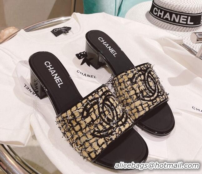 Purchase Chanel Tweed Medium Heel Slide Sandals 4.5cm Gold/Black 51951