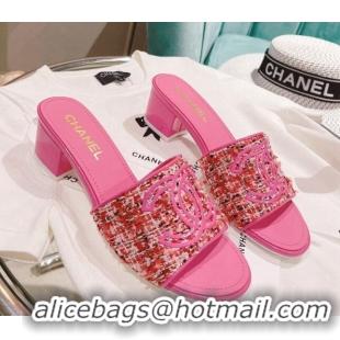 Best Grade Chanel Tweed Medium Heel Slide Sandals 4.5cm Pink 051952