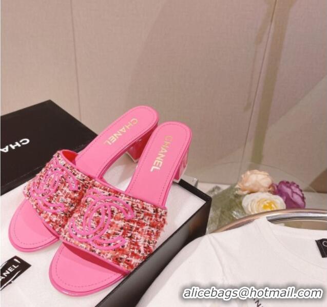 Best Grade Chanel Tweed Medium Heel Slide Sandals 4.5cm Pink 051952