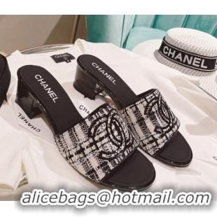 Unique Style Chanel Tweed Medium Heel Slide Sandals 4.5cm Black/White 51954