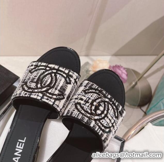 Unique Style Chanel Tweed Medium Heel Slide Sandals 4.5cm Black/White 51954