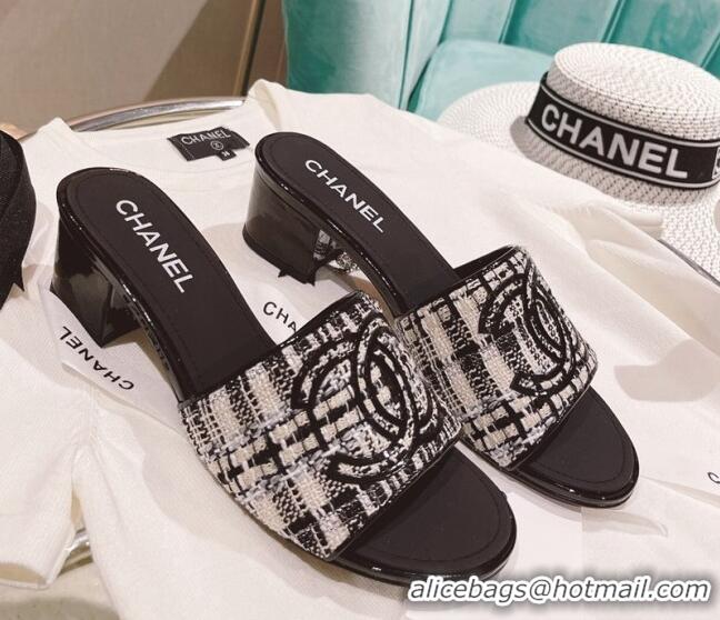 Unique Style Chanel Tweed Medium Heel Slide Sandals 4.5cm Black/White 51954