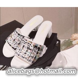 Durable Chanel Tweed Medium Heel Slide Sandals 4.5cm White/Multicolor 51955