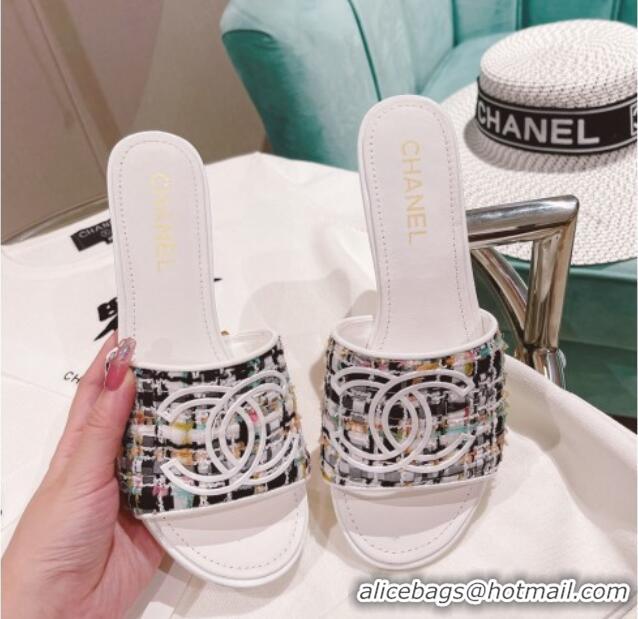 Durable Chanel Tweed Medium Heel Slide Sandals 4.5cm White/Multicolor 51955