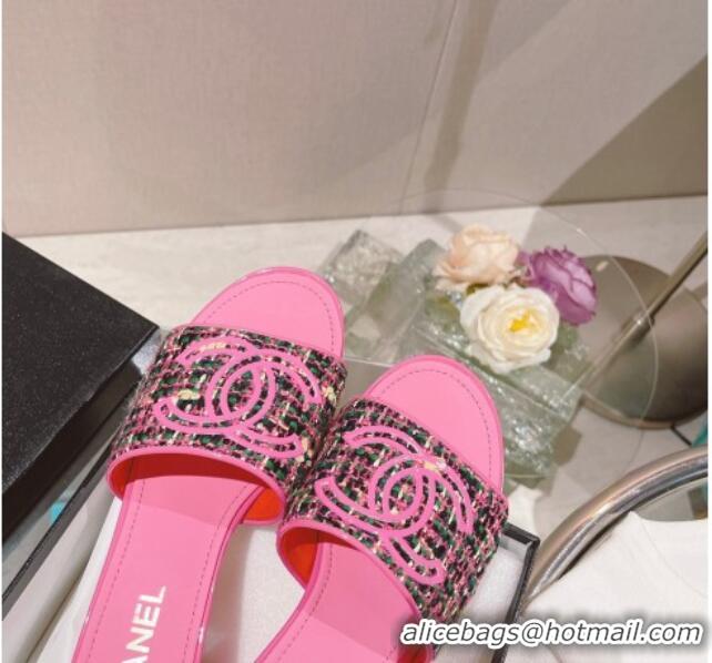 Most Popular Chanel Tweed Medium Heel Slide Sandals 4.5cm Pink 51956