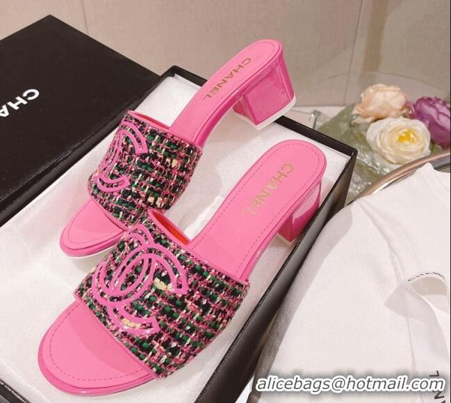 Most Popular Chanel Tweed Medium Heel Slide Sandals 4.5cm Pink 51956