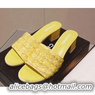 Best Product Chanel Tweed Medium Heel Slide Sandals 4.5cm Yellow 051957