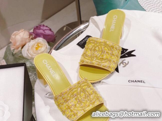 Best Product Chanel Tweed Medium Heel Slide Sandals 4.5cm Yellow 051957