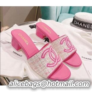 Luxury Cheap Chanel Tweed Medium Heel Slide Sandals 4.5cm Pink/White 51959