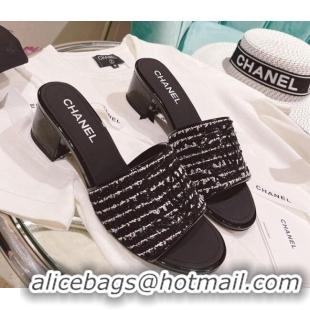 Grade Chanel Tweed Medium Heel Slide Sandals 4.5cm Black 2051960