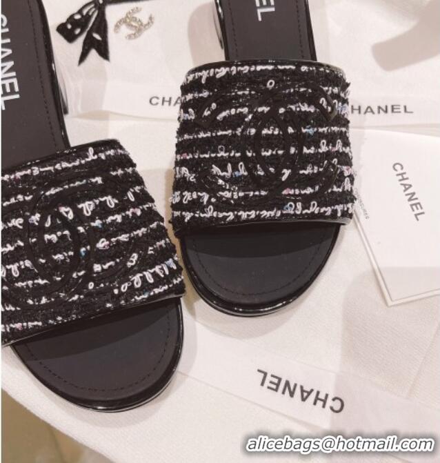 Grade Chanel Tweed Medium Heel Slide Sandals 4.5cm Black 2051960