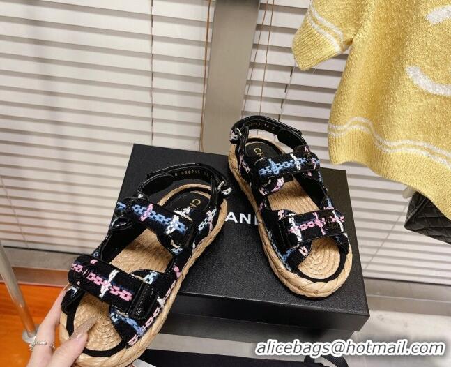 Discount Chanel Tweed Strap Sandals G38945 Black/Multicolor 2051970