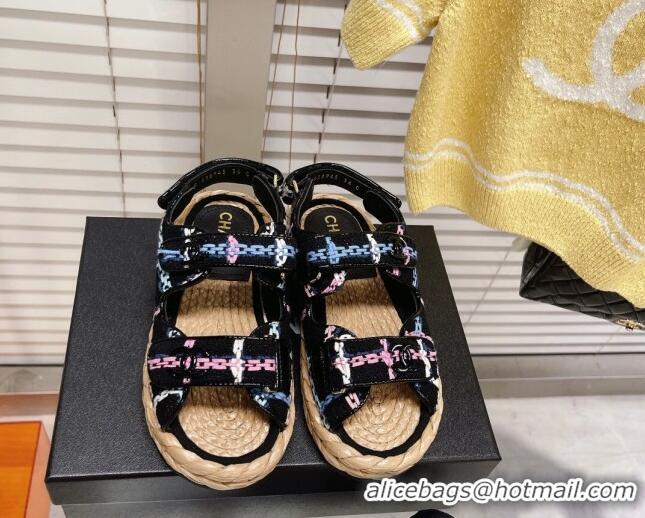 Discount Chanel Tweed Strap Sandals G38945 Black/Multicolor 2051970