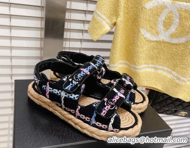 Discount Chanel Tweed Strap Sandals G38945 Black/Multicolor 2051970