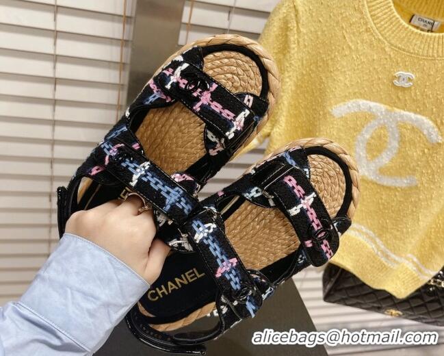 Discount Chanel Tweed Strap Sandals G38945 Black/Multicolor 2051970