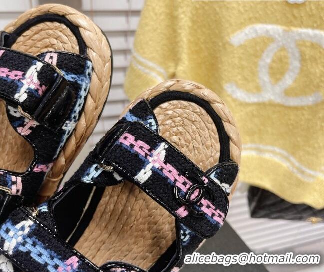 Discount Chanel Tweed Strap Sandals G38945 Black/Multicolor 2051970