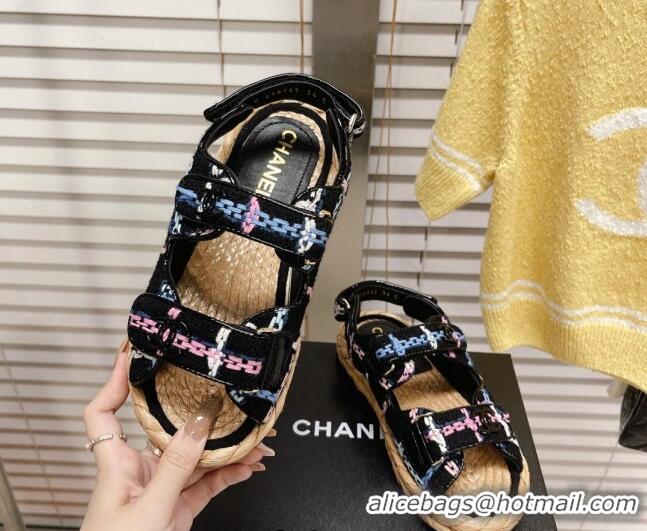 Discount Chanel Tweed Strap Sandals G38945 Black/Multicolor 2051970