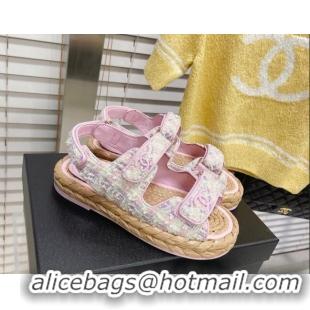 Best Grade Chanel Tweed Strap Sandals G38945 Pink/White