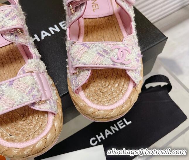 Best Grade Chanel Tweed Strap Sandals G38945 Pink/White