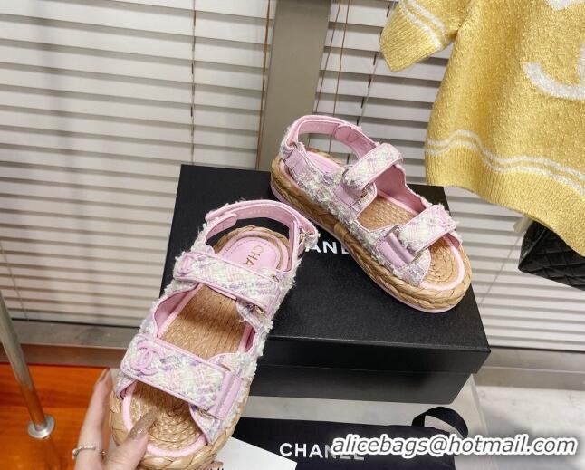 Best Grade Chanel Tweed Strap Sandals G38945 Pink/White