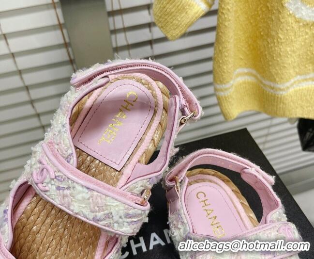 Best Grade Chanel Tweed Strap Sandals G38945 Pink/White