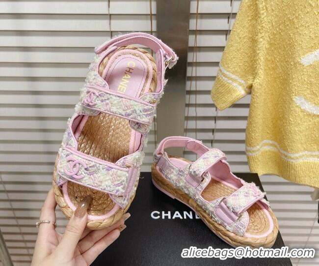 Best Grade Chanel Tweed Strap Sandals G38945 Pink/White