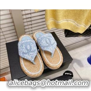 Grade Quality Chanel Tweed Flat Thong Sandals Blue 051971