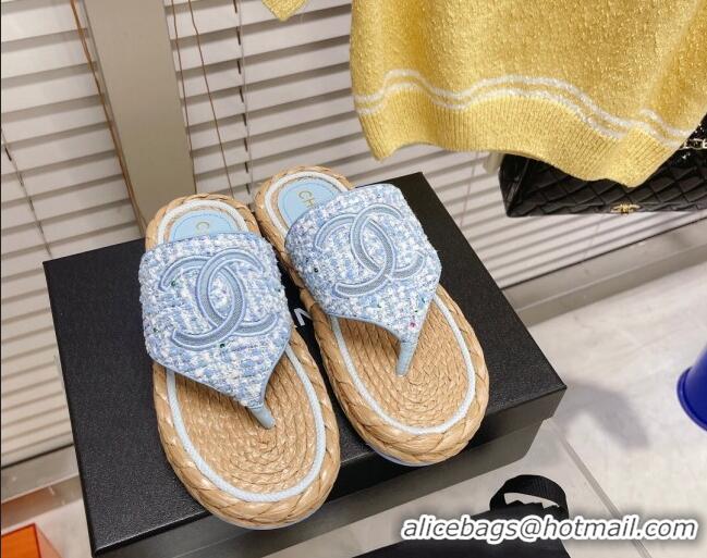 Grade Quality Chanel Tweed Flat Thong Sandals Blue 051971